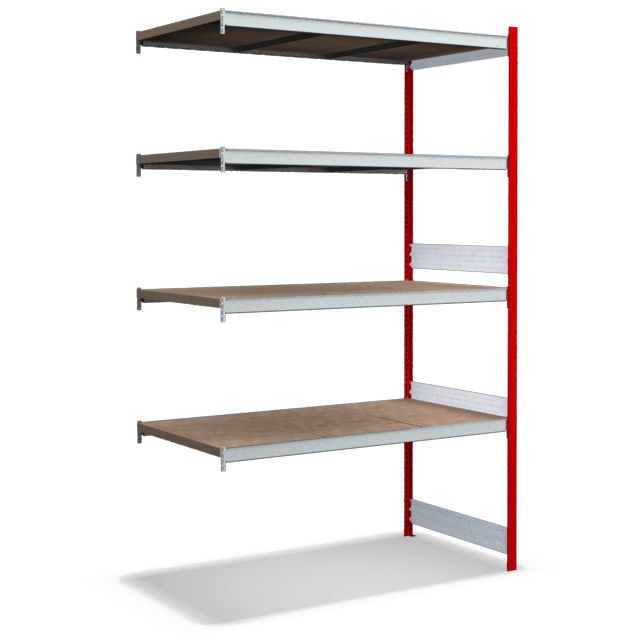 Großfachregale mit Spanplattenböden - Stützen RAL 3000 Feuerrot, übrige Regalbauteile glanzverzinkt
