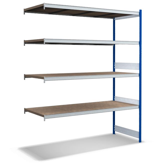 Großfachregale mit Spanplattenböden - Stützen RAL 5010 Enzianblau, übrige Regalbauteile glanzverzinkt