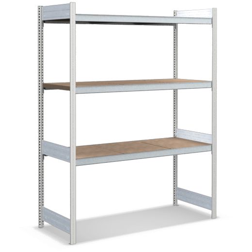 Großfachregale mit Spanplattenböden - Stützen RAL 7035 Lichtgrau, übrige Regalbauteile glanzverzinkt
