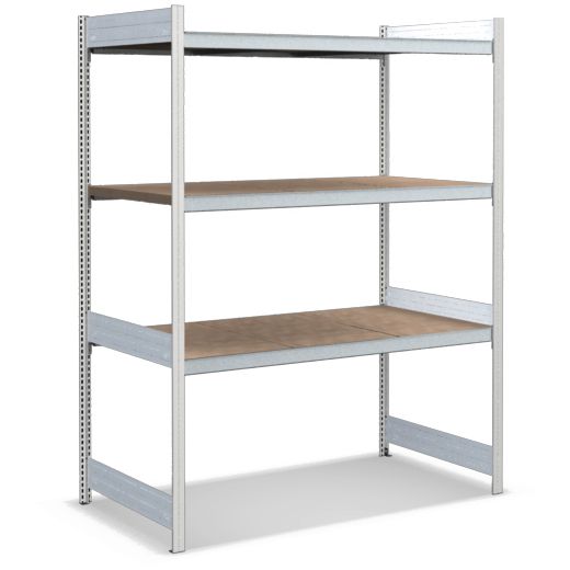 Großfachregale mit Spanplattenböden - Stützen RAL 7035 Lichtgrau, übrige Regalbauteile glanzverzinkt