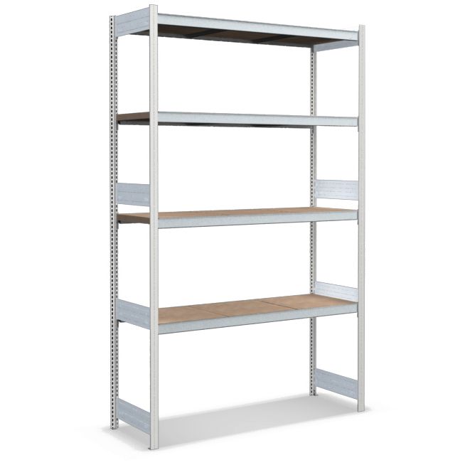 Großfachregale mit Spanplattenböden - Stützen RAL 7035 Lichtgrau, übrige Regalbauteile glanzverzinkt