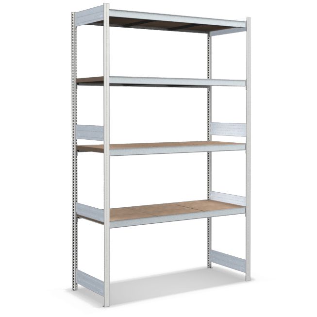 Großfachregale mit Spanplattenböden - Stützen RAL 7035 Lichtgrau, übrige Regalbauteile glanzverzinkt