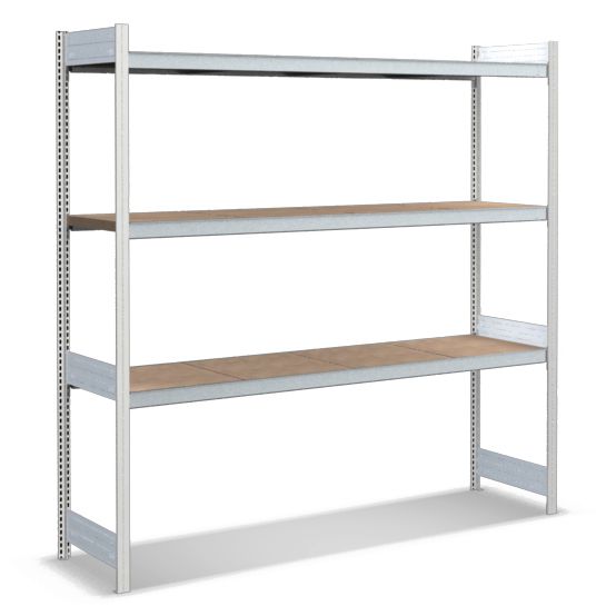 Großfachregale mit Spanplattenböden - Stützen RAL 7035 Lichtgrau, übrige Regalbauteile glanzverzinkt
