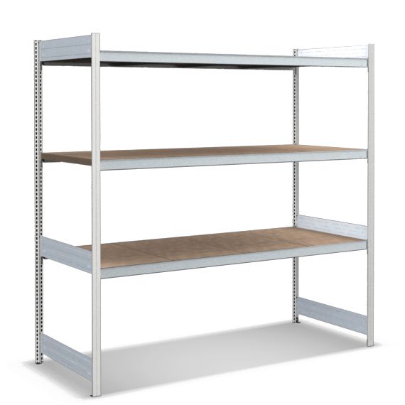 Großfachregale mit Spanplattenböden - Stützen RAL 7035 Lichtgrau, übrige Regalbauteile glanzverzinkt