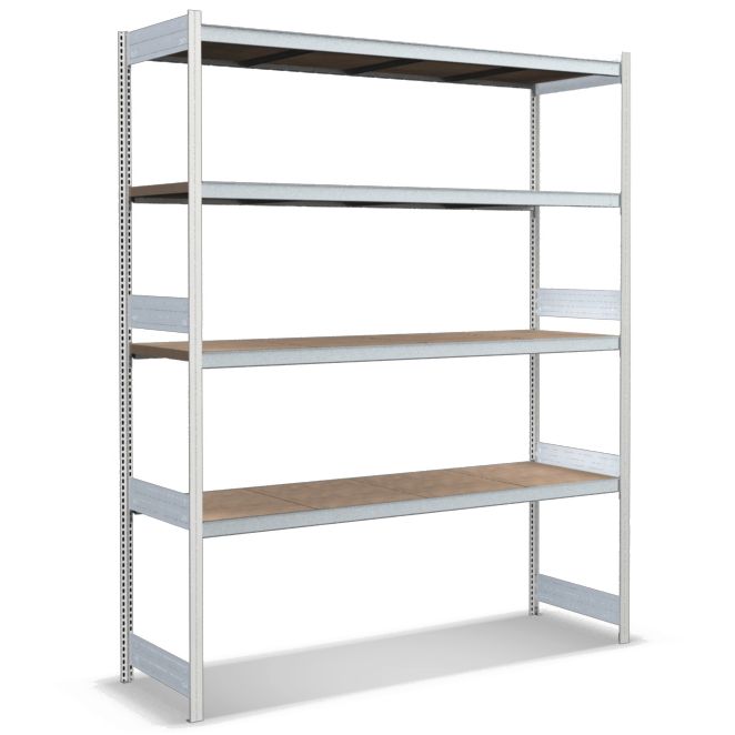 Großfachregale mit Spanplattenböden - Stützen RAL 7035 Lichtgrau, übrige Regalbauteile glanzverzinkt