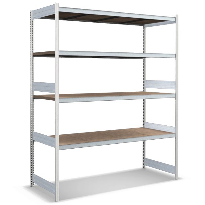 Großfachregale mit Spanplattenböden - Stützen RAL 7035 Lichtgrau, übrige Regalbauteile glanzverzinkt