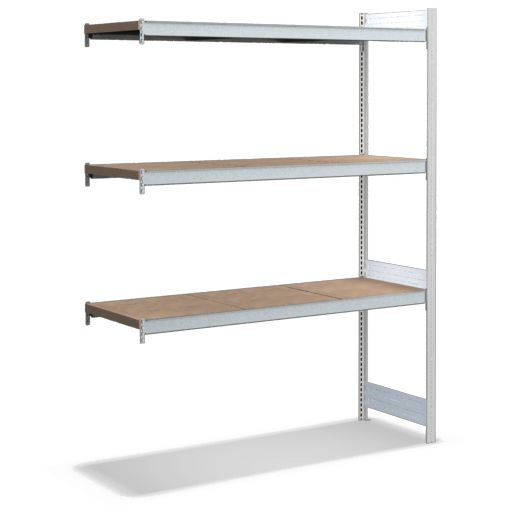 Großfachregale mit Spanplattenböden - Stützen RAL 7035 Lichtgrau, übrige Regalbauteile glanzverzinkt