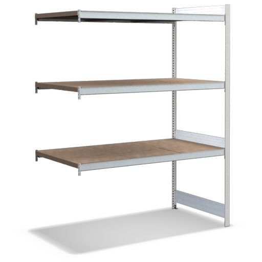 Großfachregale mit Spanplattenböden - Stützen RAL 7035 Lichtgrau, übrige Regalbauteile glanzverzinkt