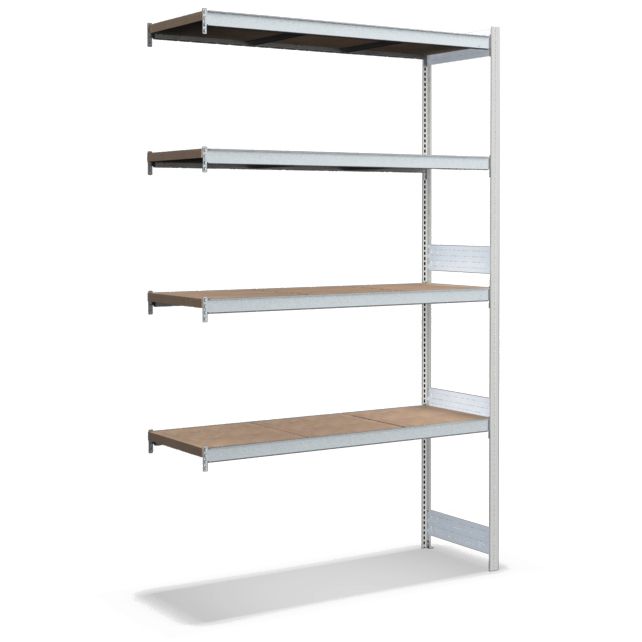 Großfachregale mit Spanplattenböden - Stützen RAL 7035 Lichtgrau, übrige Regalbauteile glanzverzinkt