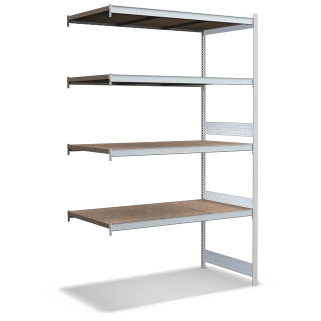 Großfachregale mit Spanplattenböden - Stützen RAL 7035 Lichtgrau, übrige Regalbauteile glanzverzinkt