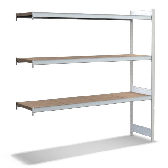 Großfachregale mit Spanplattenböden - Stützen RAL 7035 Lichtgrau, übrige Regalbauteile glanzverzinkt