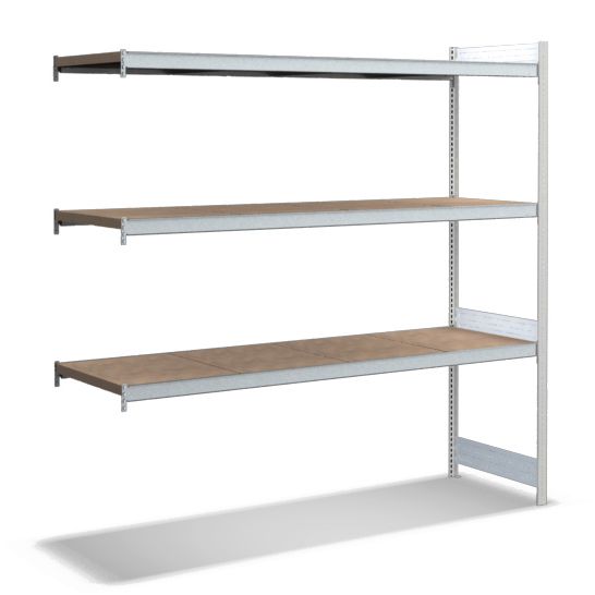 Großfachregale mit Spanplattenböden - Stützen RAL 7035 Lichtgrau, übrige Regalbauteile glanzverzinkt