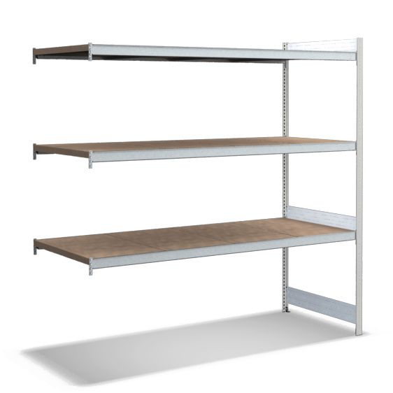 Großfachregale mit Spanplattenböden - Stützen RAL 7035 Lichtgrau, übrige Regalbauteile glanzverzinkt