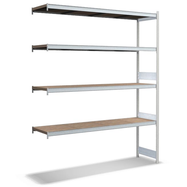 Großfachregale mit Spanplattenböden - Stützen RAL 7035 Lichtgrau, übrige Regalbauteile glanzverzinkt