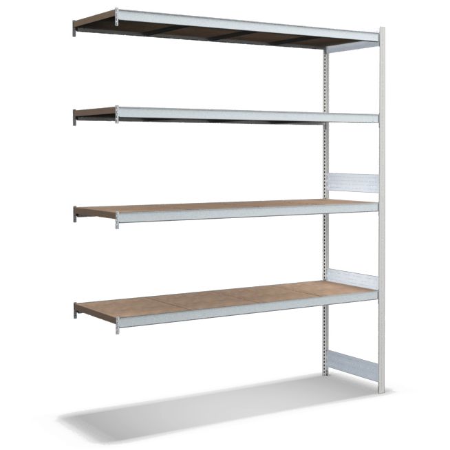 Großfachregale mit Spanplattenböden - Stützen RAL 7035 Lichtgrau, übrige Regalbauteile glanzverzinkt