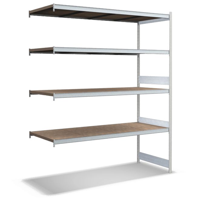 Großfachregale mit Spanplattenböden - Stützen RAL 7035 Lichtgrau, übrige Regalbauteile glanzverzinkt