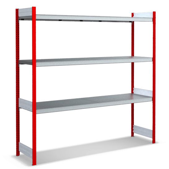 Großfachregale mit Stahlböden - Stützen RAL 3000 Feuerrot, übrige Regalbauteile glanzverzinkt