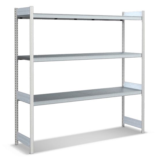 Großfachregale mit Stahlböden - Stützen RAL 7035 Lichtgrau, übrige Regalbauteile glanzverzinkt