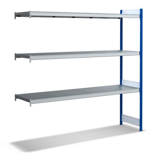 Großfachregale mit Stahlböden - Stützen RAL 5010 Enzianblau, übrige Regalbauteile glanzverzinkt