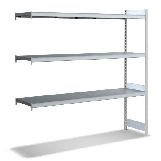 Großfachregale mit Stahlböden - Stützen RAL 7035 Lichtgrau, übrige Regalbauteile glanzverzinkt
