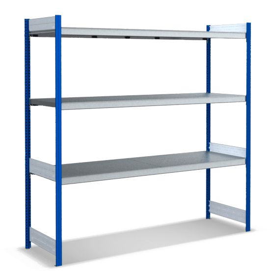Großfachregale mit Stahlböden - Stützen RAL 5010 Enzianblau, übrige Regalbauteile glanzverzinkt