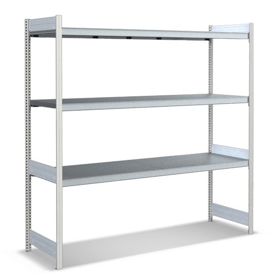 Großfachregale mit Stahlböden - Stützen RAL 7035 Lichtgrau, übrige Regalbauteile glanzverzinkt