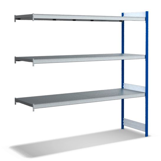 Großfachregale mit Stahlböden - Stützen RAL 5010 Enzianblau, übrige Regalbauteile glanzverzinkt