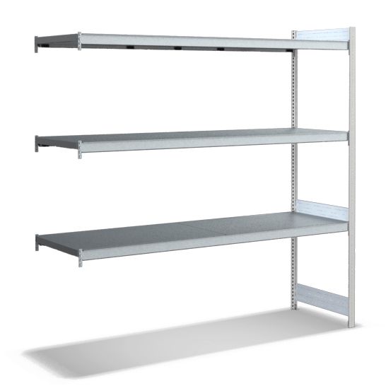 Großfachregale mit Stahlböden - Stützen RAL 7035 Lichtgrau, übrige Regalbauteile glanzverzinkt