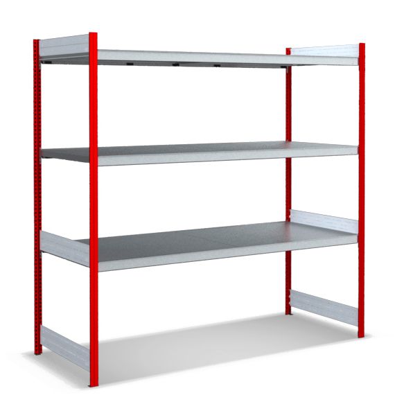 Großfachregale mit Stahlböden - Stützen RAL 3000 Feuerrot, übrige Regalbauteile glanzverzinkt