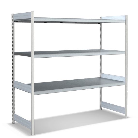 Großfachregale mit Stahlböden - Stützen RAL 7035 Lichtgrau, übrige Regalbauteile glanzverzinkt