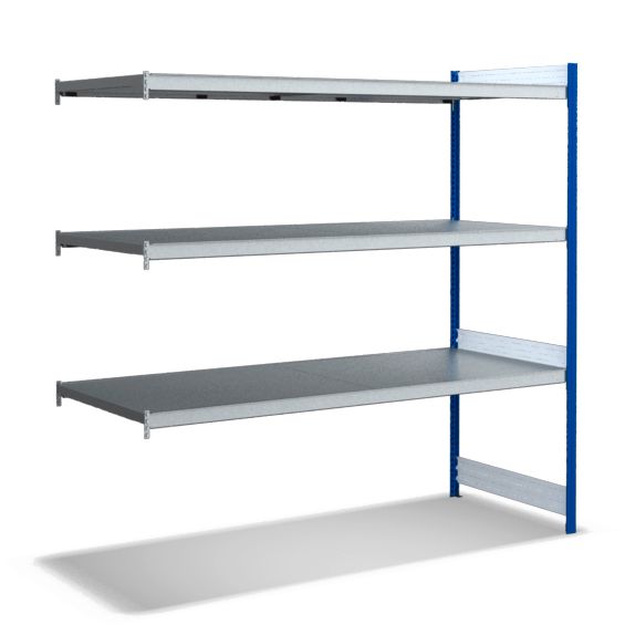 Großfachregale mit Stahlböden - Stützen RAL 5010 Enzianblau, übrige Regalbauteile glanzverzinkt