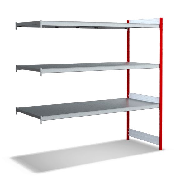 Großfachregale mit Stahlböden - Stützen RAL 3000 Feuerrot, übrige Regalbauteile glanzverzinkt