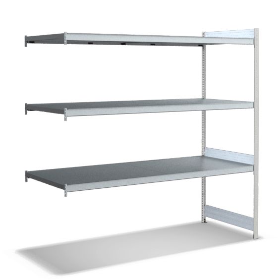 Großfachregale mit Stahlböden - Stützen RAL 7035 Lichtgrau, übrige Regalbauteile glanzverzinkt