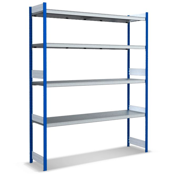 Großfachregale mit Stahlböden - Stützen RAL 5010 Enzianblau, übrige Regalbauteile glanzverzinkt