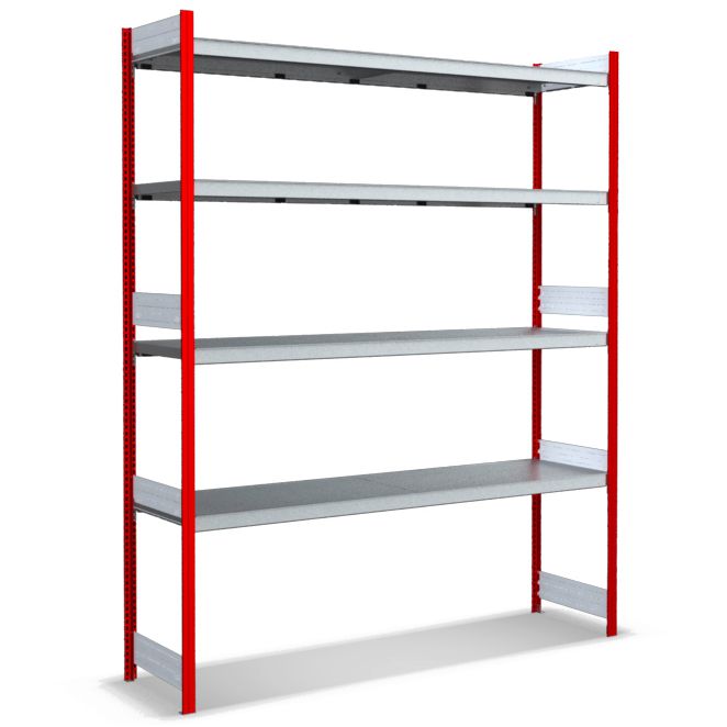 Großfachregale mit Stahlböden - Stützen RAL 3000 Feuerrot, übrige Regalbauteile glanzverzinkt