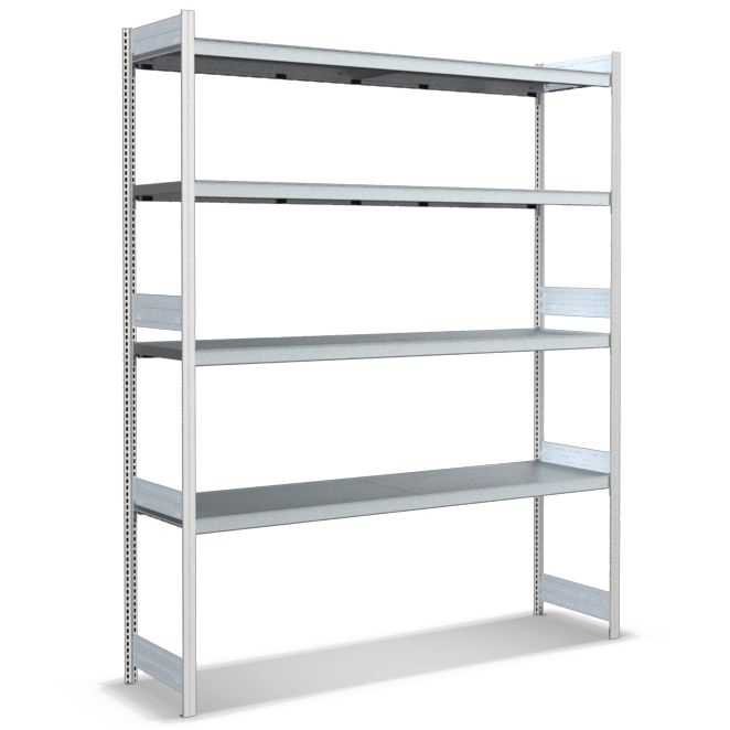 Großfachregale mit Stahlböden - Stützen RAL 7035 Lichtgrau, übrige Regalbauteile glanzverzinkt