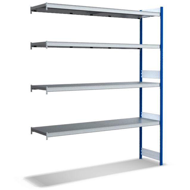 Großfachregale mit Stahlböden - Stützen RAL 5010 Enzianblau, übrige Regalbauteile glanzverzinkt