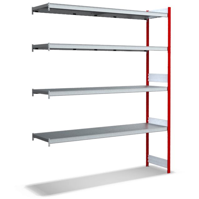 Großfachregale mit Stahlböden - Stützen RAL 3000 Feuerrot, übrige Regalbauteile glanzverzinkt
