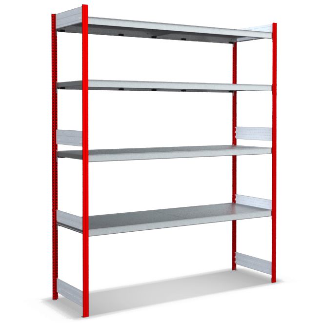 Großfachregale mit Stahlböden - Stützen RAL 3000 Feuerrot, übrige Regalbauteile glanzverzinkt