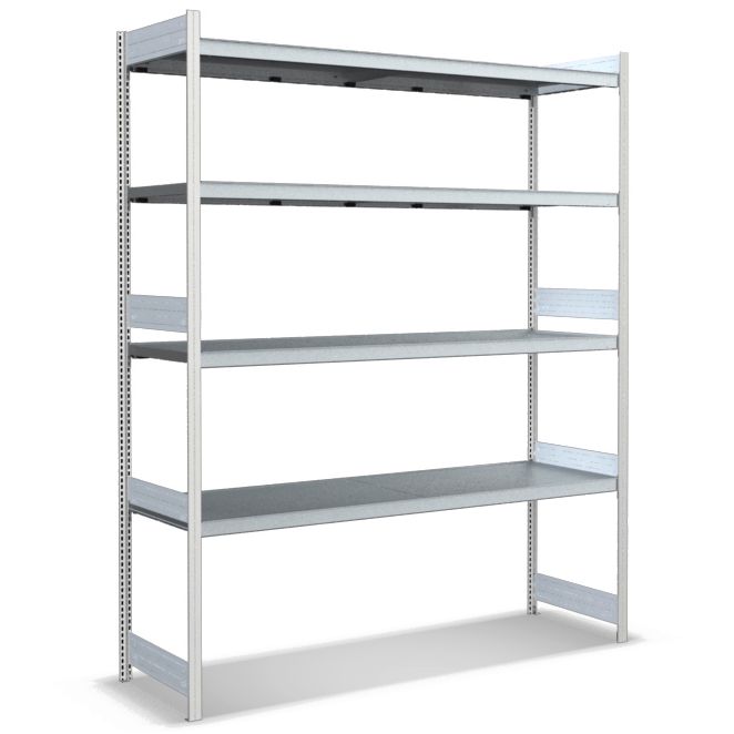 Großfachregale mit Stahlböden - Stützen RAL 7035 Lichtgrau, übrige Regalbauteile glanzverzinkt