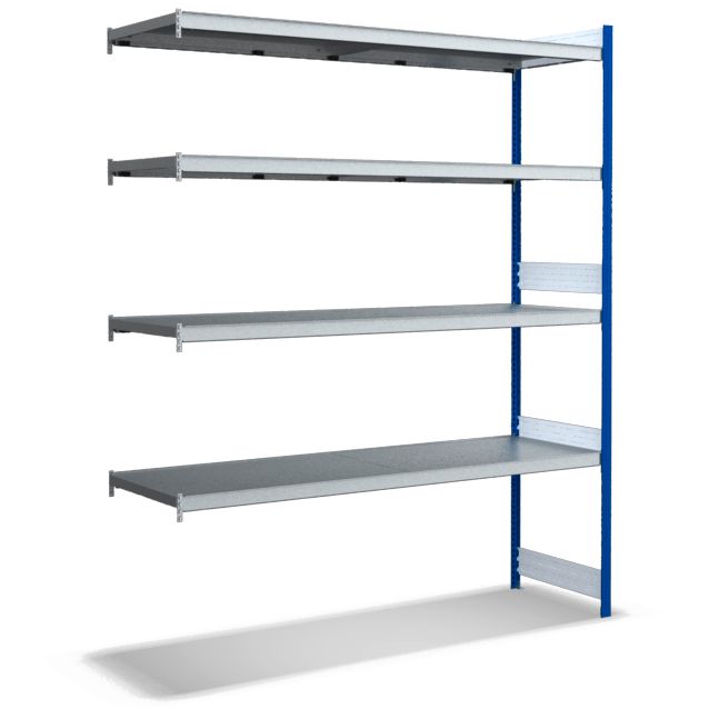 Großfachregale mit Stahlböden - Stützen RAL 5010 Enzianblau, übrige Regalbauteile glanzverzinkt