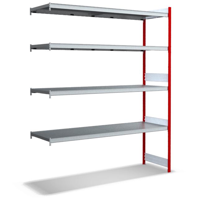 Großfachregale mit Stahlböden - Stützen RAL 3000 Feuerrot, übrige Regalbauteile glanzverzinkt