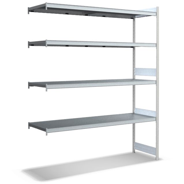 Großfachregale mit Stahlböden - Stützen RAL 7035 Lichtgrau, übrige Regalbauteile glanzverzinkt
