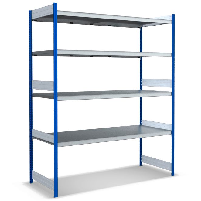 Großfachregale mit Stahlböden - Stützen RAL 5010 Enzianblau, übrige Regalbauteile glanzverzinkt