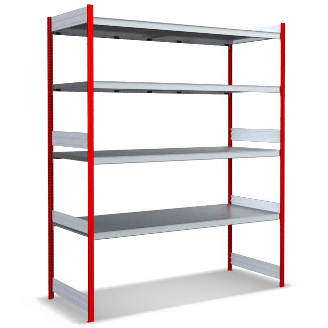 Großfachregale mit Stahlböden - Stützen RAL 3000 Feuerrot, übrige Regalbauteile glanzverzinkt