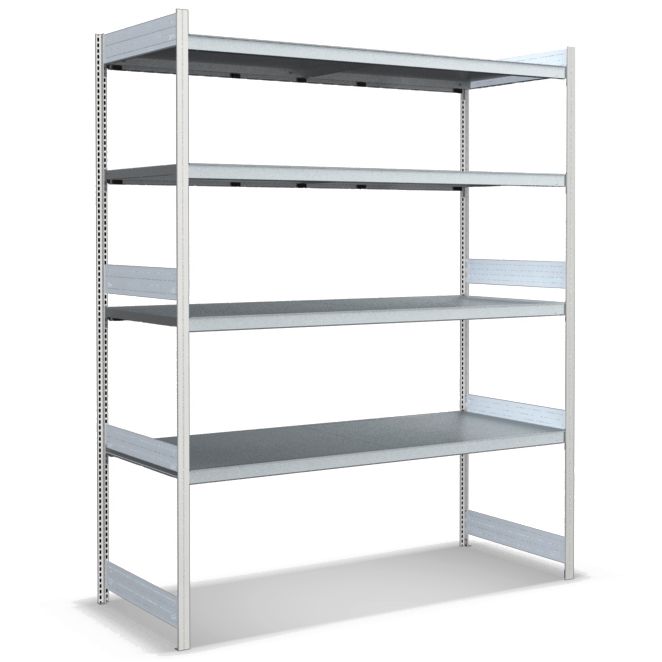 Großfachregale mit Stahlböden - Stützen RAL 7035 Lichtgrau, übrige Regalbauteile glanzverzinkt