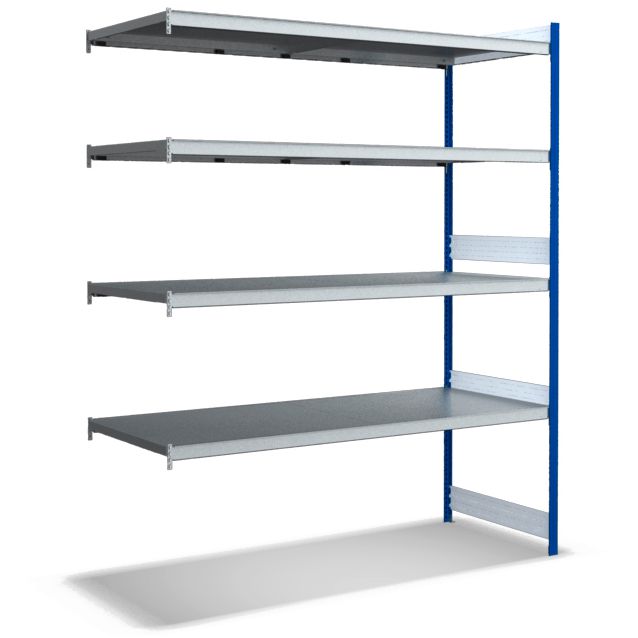 Großfachregale mit Stahlböden - Stützen RAL 5010 Enzianblau, übrige Regalbauteile glanzverzinkt