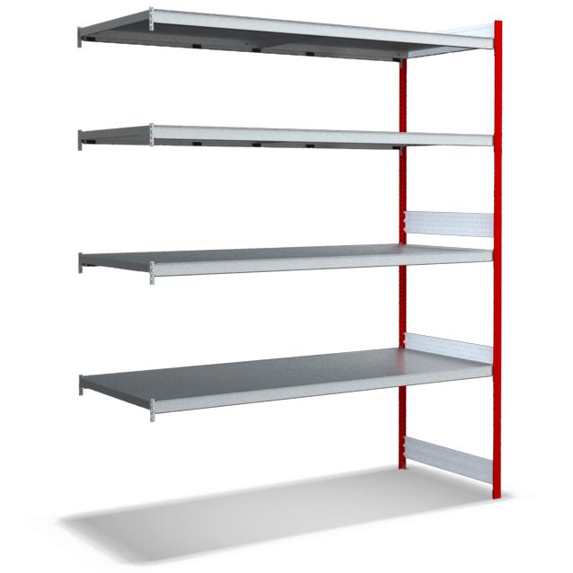 Großfachregale mit Stahlböden - Stützen RAL 3000 Feuerrot, übrige Regalbauteile glanzverzinkt
