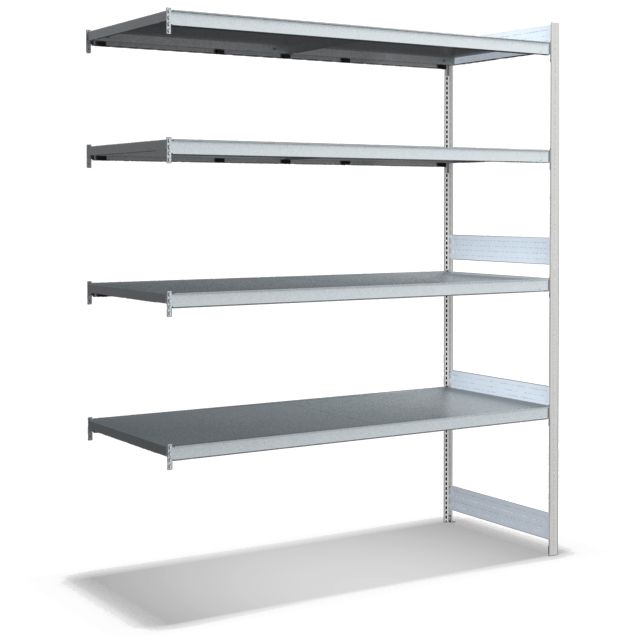 Großfachregale mit Stahlböden - Stützen RAL 7035 Lichtgrau, übrige Regalbauteile glanzverzinkt