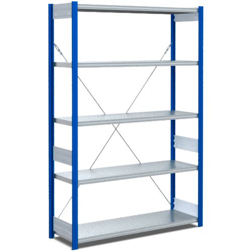 Fachbodenregale Typ EL - Fachlast 100 kg - Stützen RAL 5010 Enzianblau, übrige Regalbauteile glanzverzinkt